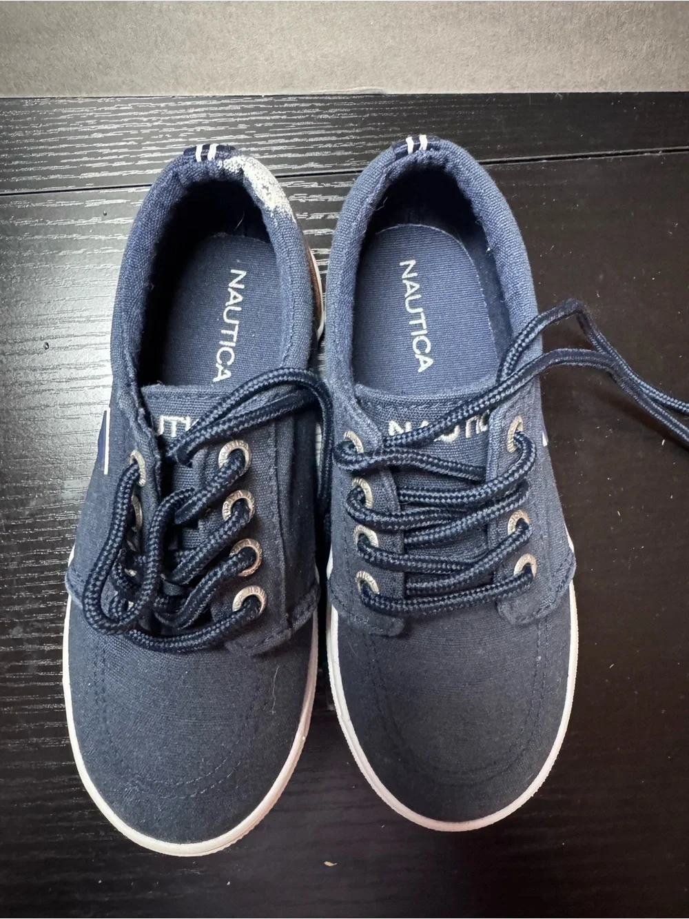 Nautica Navy Blue Canvas Lace-Up Sneakers with White Soles and Brown Heel Accent
